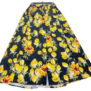 LULUMARI Large Lemon Print Black Button Front Maxi Skirt Size Small